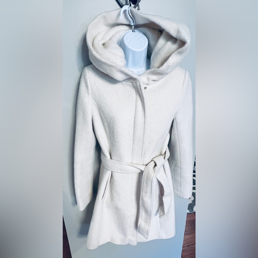 Cole Haan Cream Hooded Belted Wool Blend Coat - Picture 3 of 7